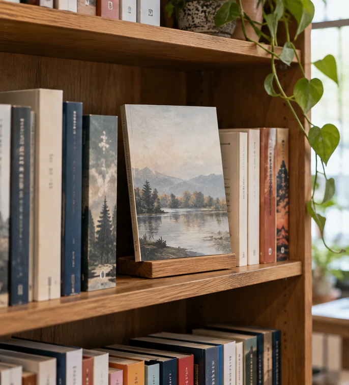 Illustrative book display on a wooden bookstore shelf