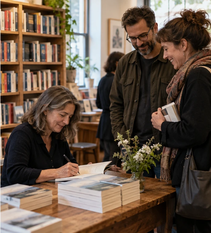 Illustrative author signing books with readers in a bookstore
