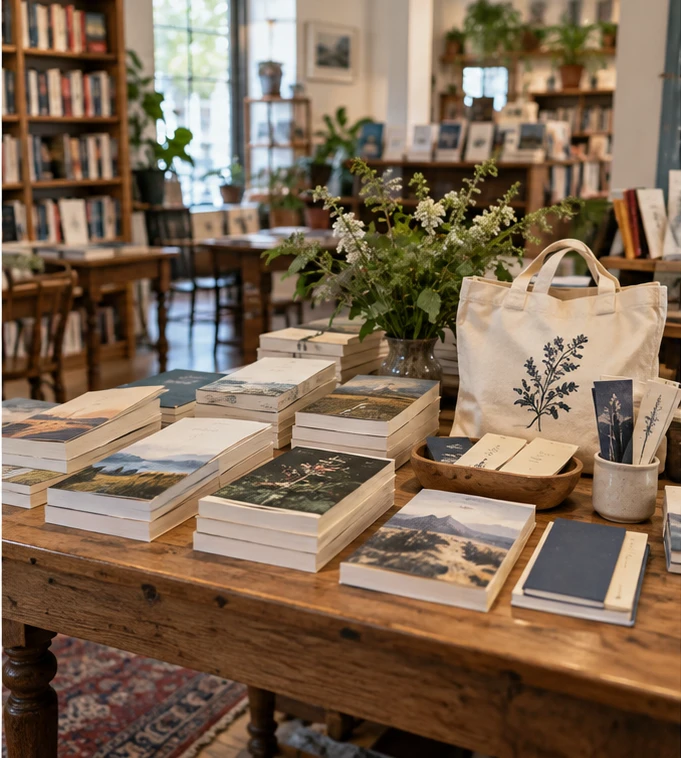 Illustrative bookstore table with books, bookmarks and a canvas tote